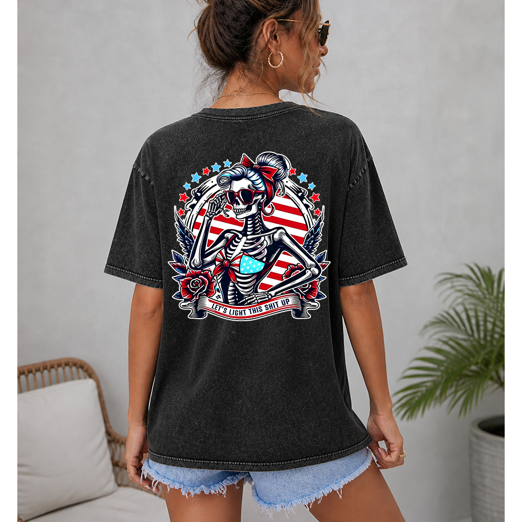 Let's Light This Shit Up American Skeleton Lady T-shirt - Funny Skeleton Lady 4th of July Gift for women - lifestyle view