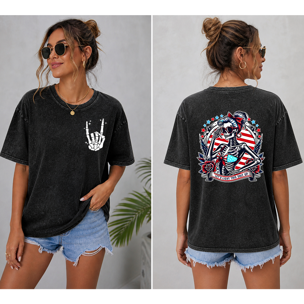 Let's Light This Shit Up American Skeleton Lady T-shirt - Funny Skeleton Lady 4th of July Gift for women - back view