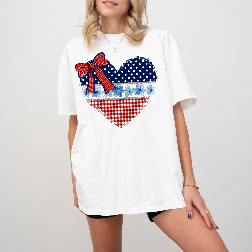 America Bow Heart Patriotic Coquette Comfort Colors Shirt - Cute 4th of July Heart Gift for women - back view