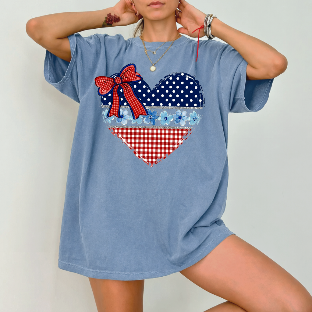 America Bow Heart Patriotic Coquette Comfort Colors Shirt - Cute 4th of July Heart Gift for women - detail view