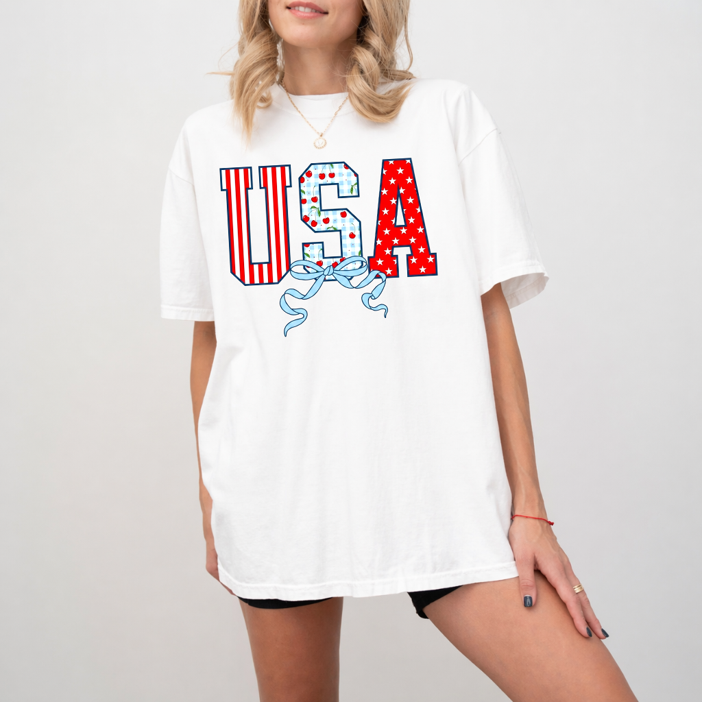 USA Flag Coquette Bow Wash Tee - Funny 4th of July Gift for women - detail view