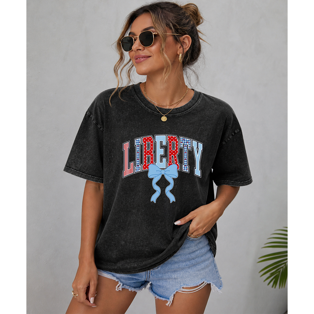 American Coquette Liberty Wash tee - Cute USA Coquette Bow 4th of July Gift for women - detail view