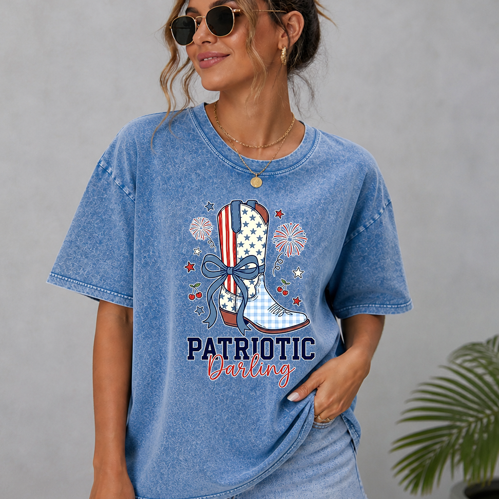 Patriotic Darling Wash Tee - USA Cowgirl Boots Graphic Shirt - Cute 4th of July Gift for women - back view