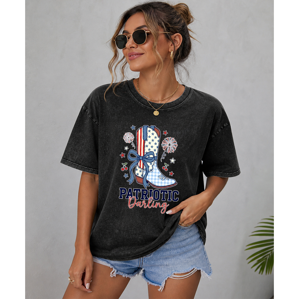 Patriotic Darling Wash Tee - USA Cowgirl Boots Graphic Shirt - Cute 4th of July Gift for women - detail view