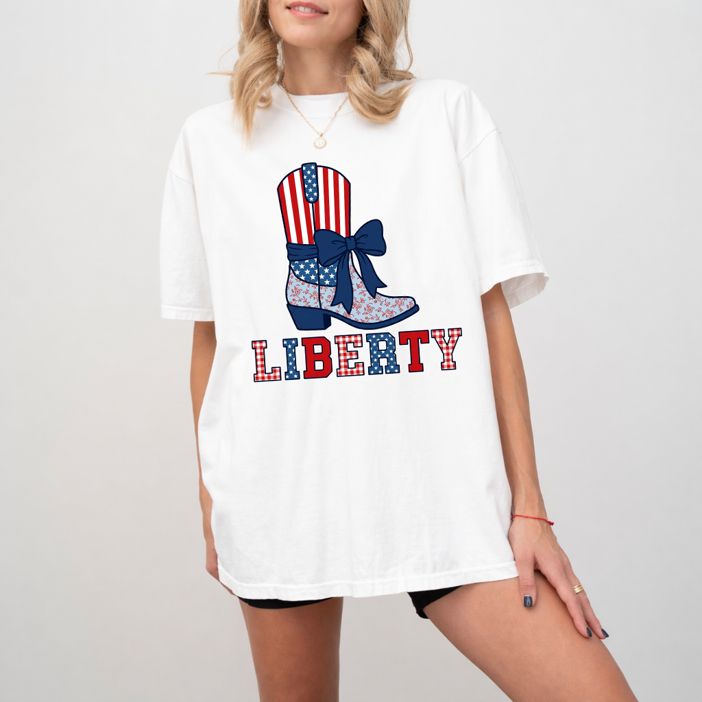 Comfort Colors 4th of July Cowgirl Boots Shirt - American Flag Liberty Shirt - Cute Patriotic Gift for women - back view
