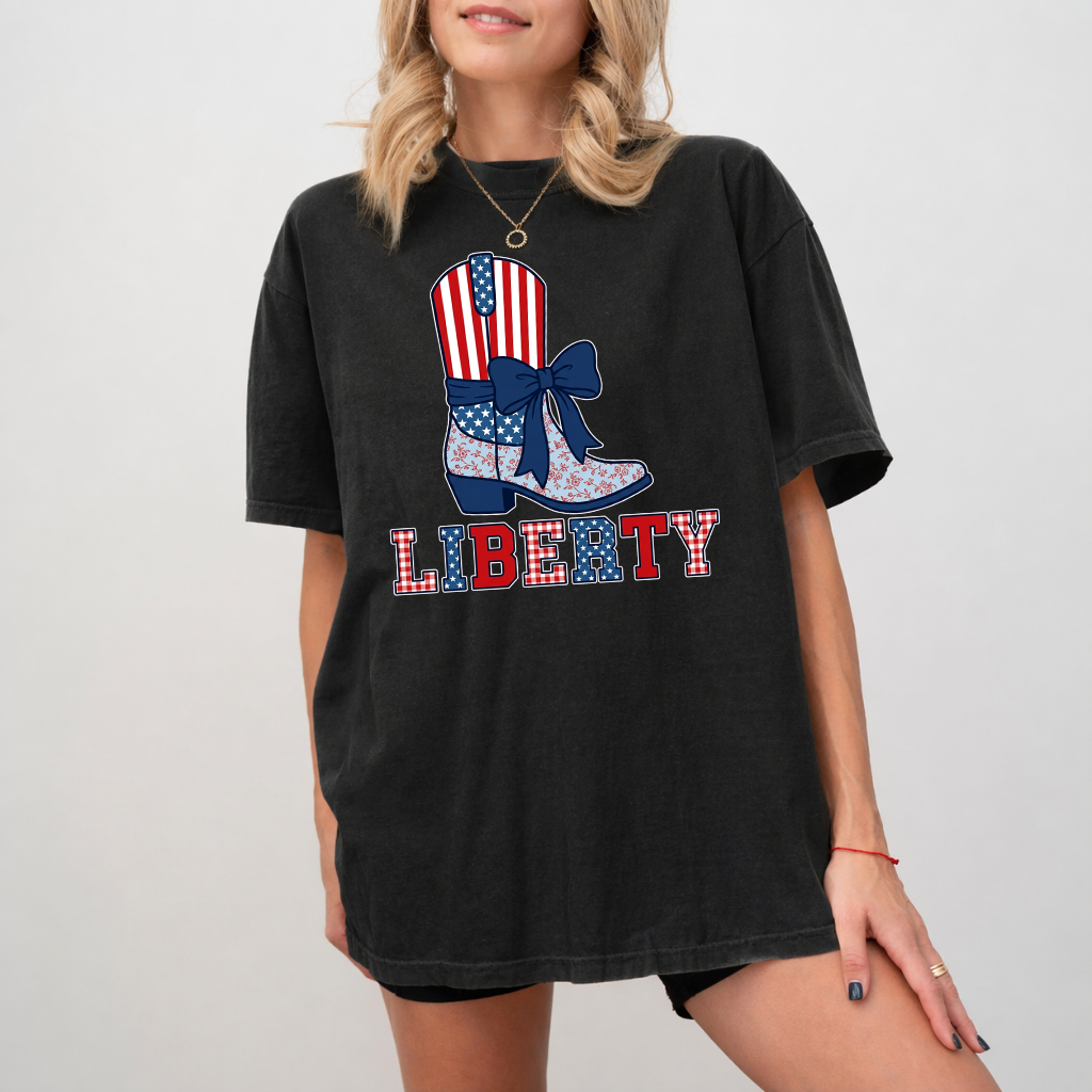 Comfort Colors 4th of July Cowgirl Boots Shirt - American Flag Liberty Shirt - Cute Patriotic Gift for women - detail view