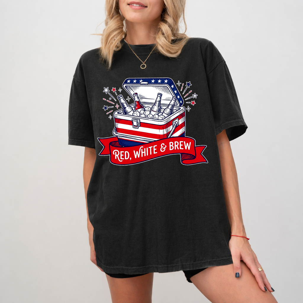 Comfort Colors Red White & Brew Shirt - 4th of July American Beer Lovers Shirt - Funny 4th of July Patriotic Beer Gift for men & women - detail view