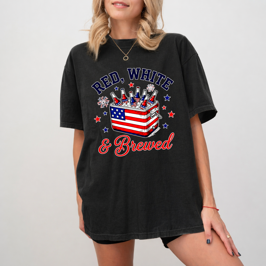 Comfort Colors Red White & Brewed shirt - 4th of July USA Beers Flag Patterns Shirt - Funny Independence Day Gift for Beer Lovers - detail view