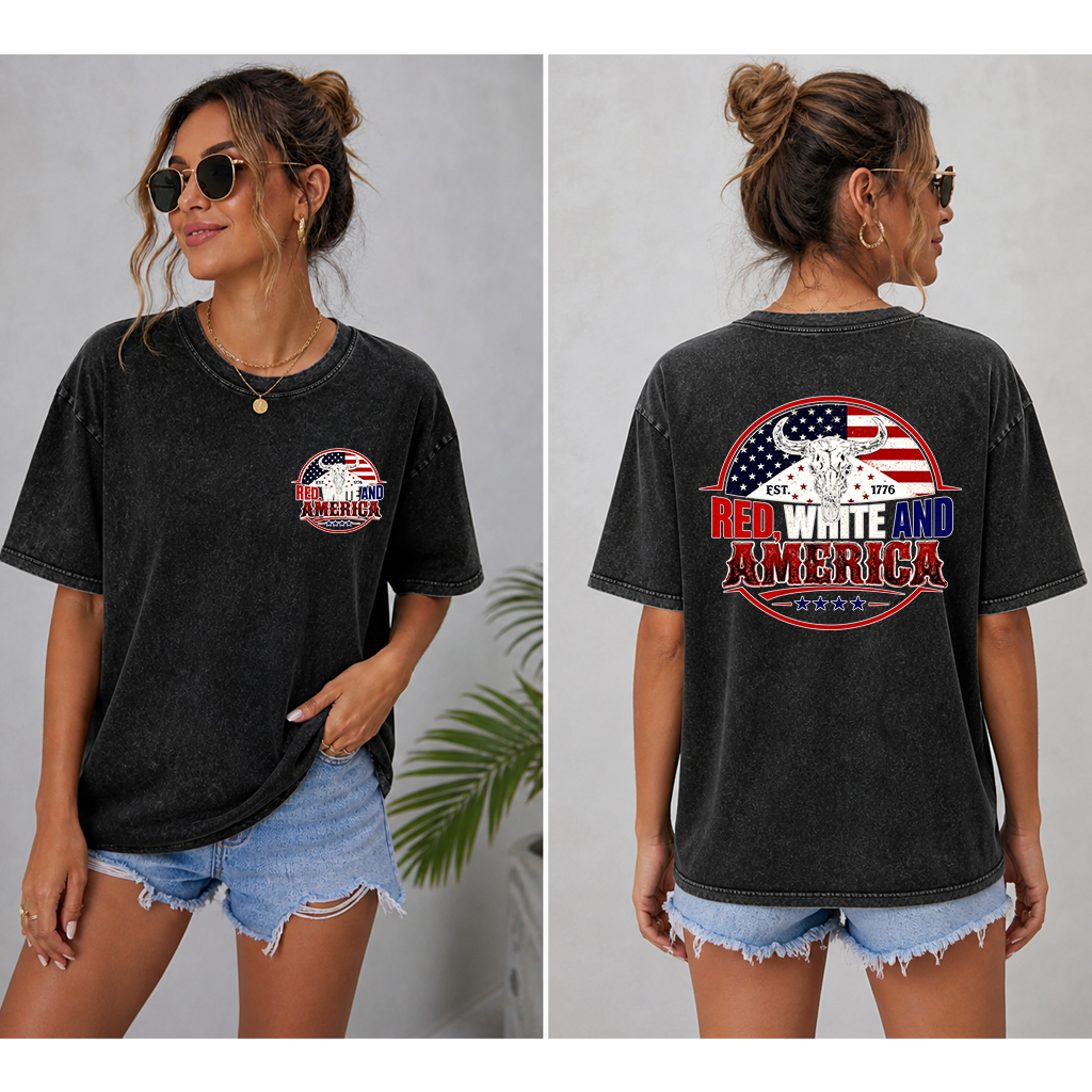 Retro Red White & America Wash Tee - 4th of July USA Flag with Highland Cow Shirt 2 sided - Cool Patriotic Gift for men and women - back view