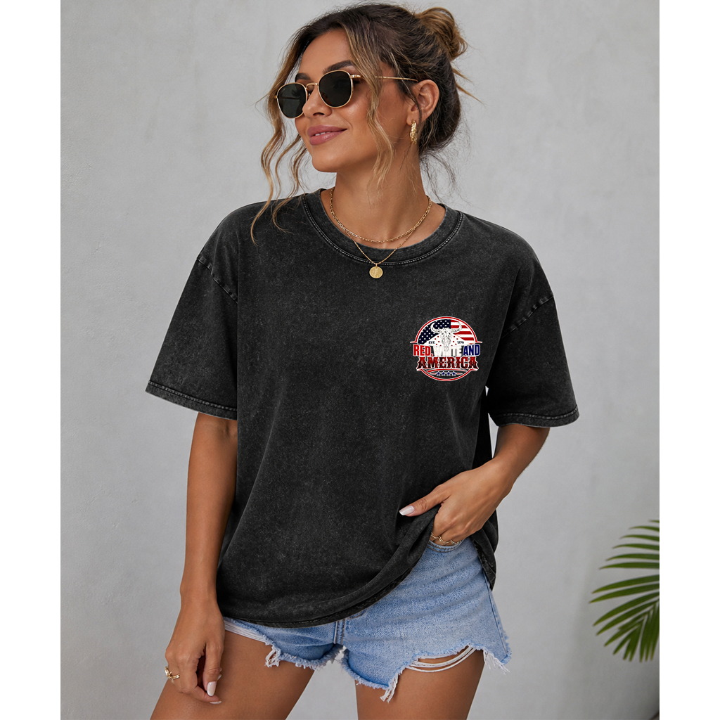 Retro Red White & America Wash Tee - 4th of July USA Flag with Highland Cow Shirt 2 sided - Cool Patriotic Gift for men and women - detail view