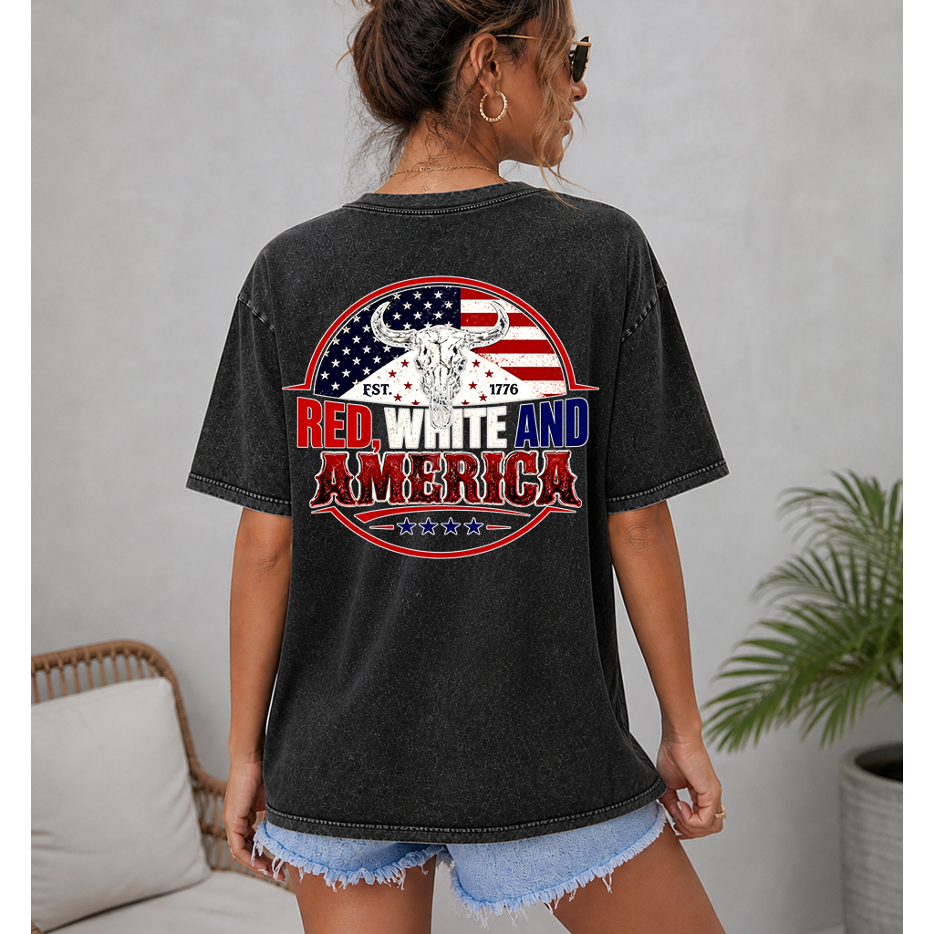 Retro Red White & America Wash Tee - 4th of July USA Flag with Highland Cow Shirt 2 sided - Cool Patriotic Gift for men and women - lifestyle view