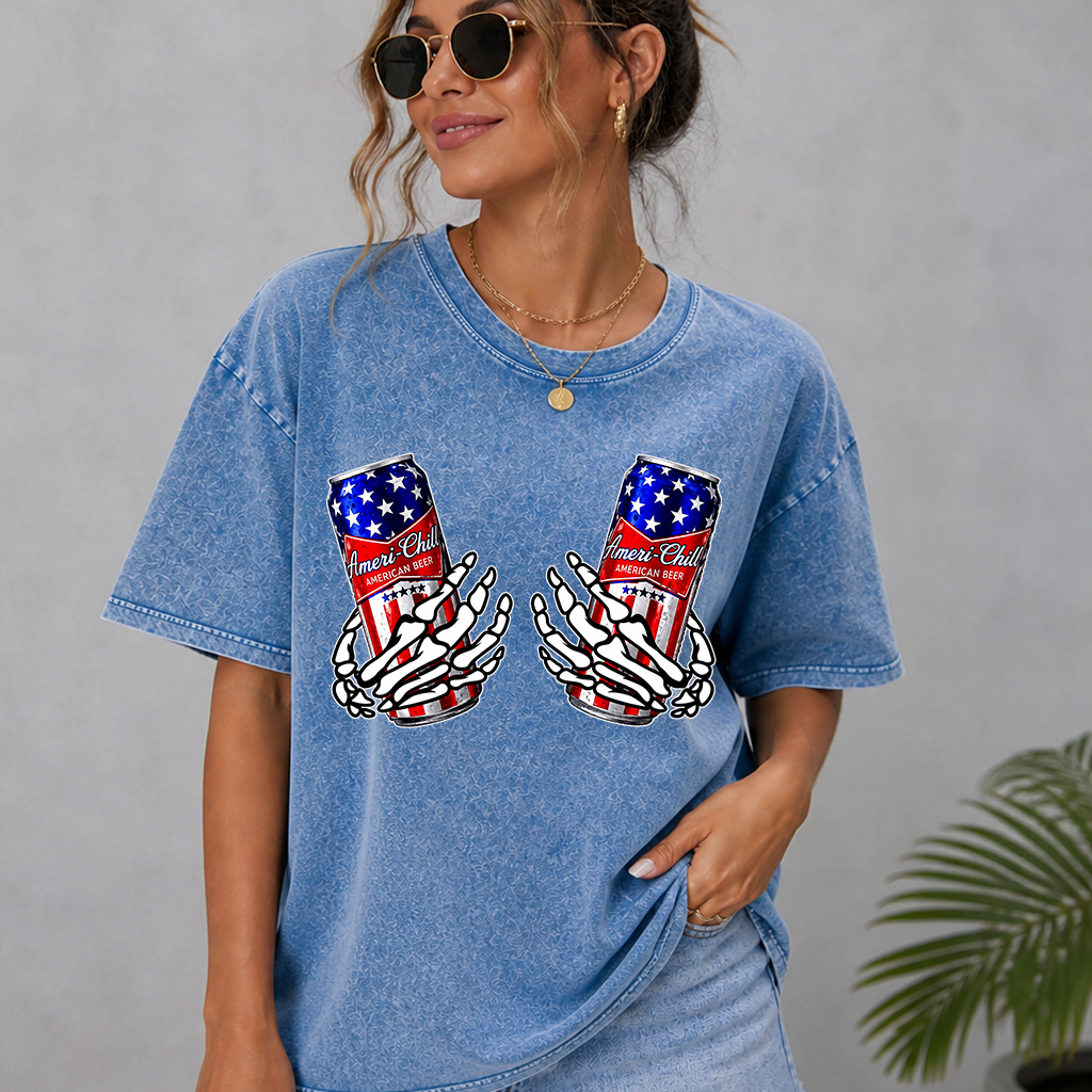 Funny 4th of July Beer Wash Tee - Ameri-Chill American Beer with Skeleton Hands Shirt, Funny Patriotic USA Gift for Beer Lovers - detail view