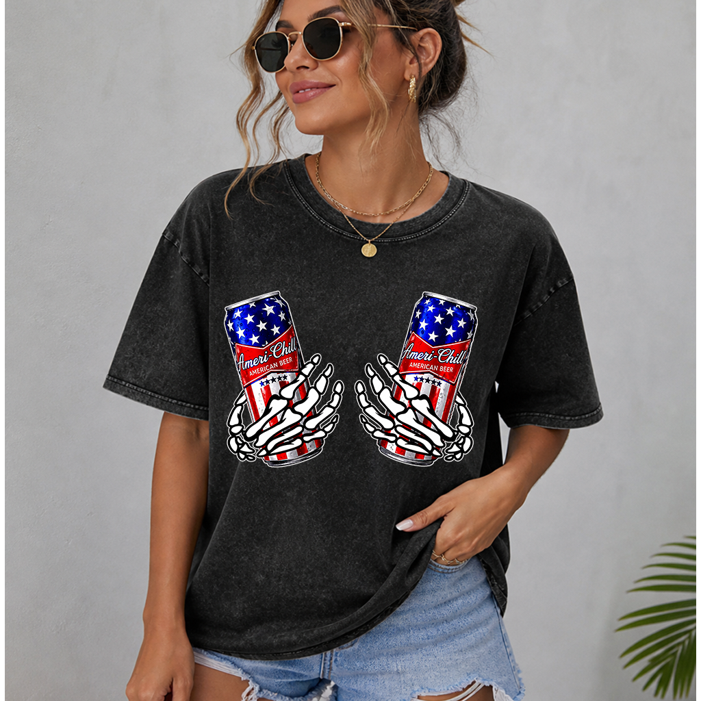 Funny 4th of July Beer Wash Tee - Ameri-Chill American Beer with Skeleton Hands Shirt, Funny Patriotic USA Gift for Beer Lovers - back view