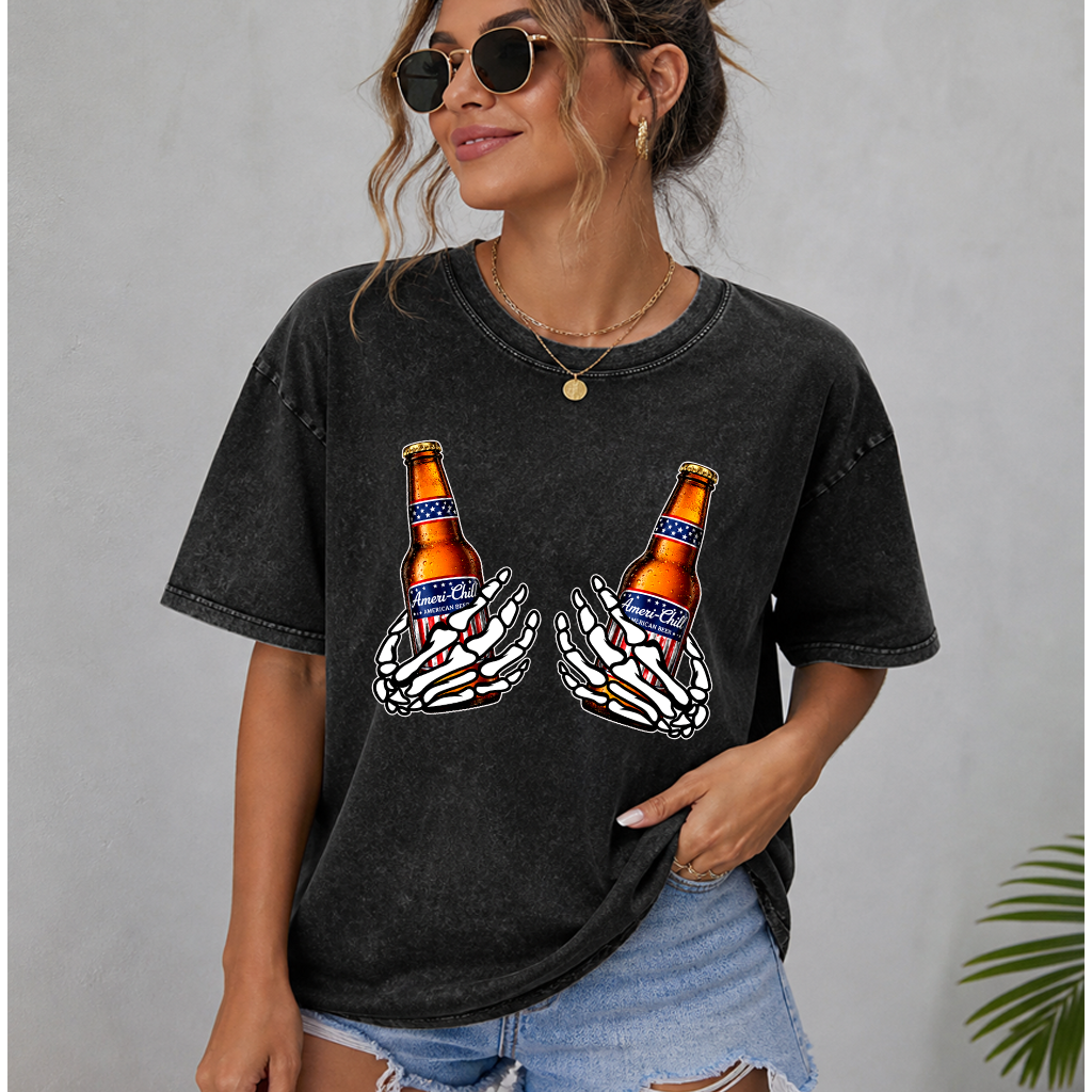 4th of July Beers Wash Tee - Ameri-Chill Funny Beer Shirt for Men & Women - Ideal 4th of July Gift for Drinking Beer Lovers - detail view
