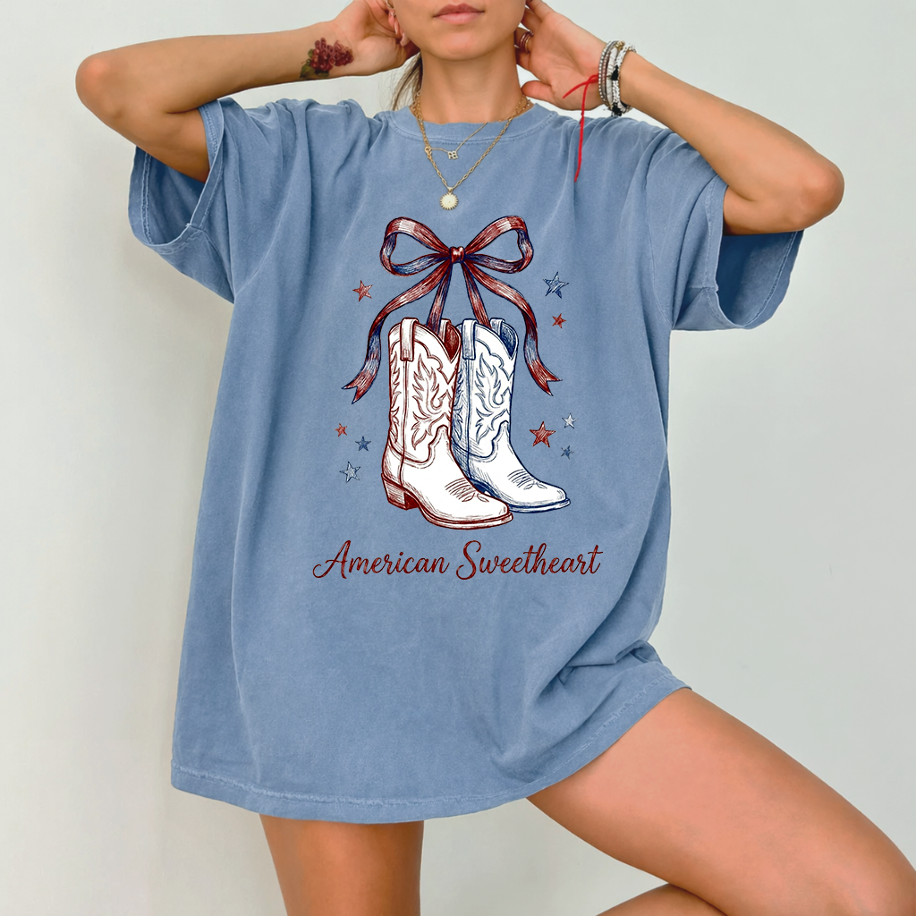 Comfort Colors American Sweetheart Shirt - Blue Red White Cowgirl Boots graphic Shirt - Funny Gift for 4th of July Party - detail view