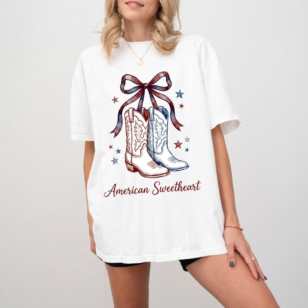 Comfort Colors American Sweetheart Shirt - Blue Red White Cowgirl Boots graphic Shirt - Funny Gift for 4th of July Party - back view