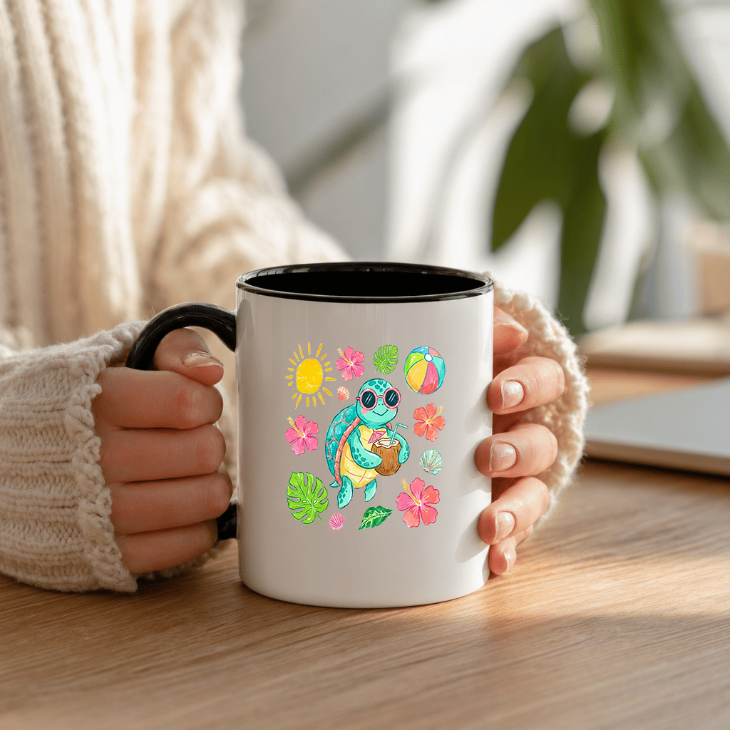 Cute Sea Turtle Accent Mug - Turtle Drinking Coconut Mug - Perfect Gift for Turtle Lovers on Summer Vacation - back view