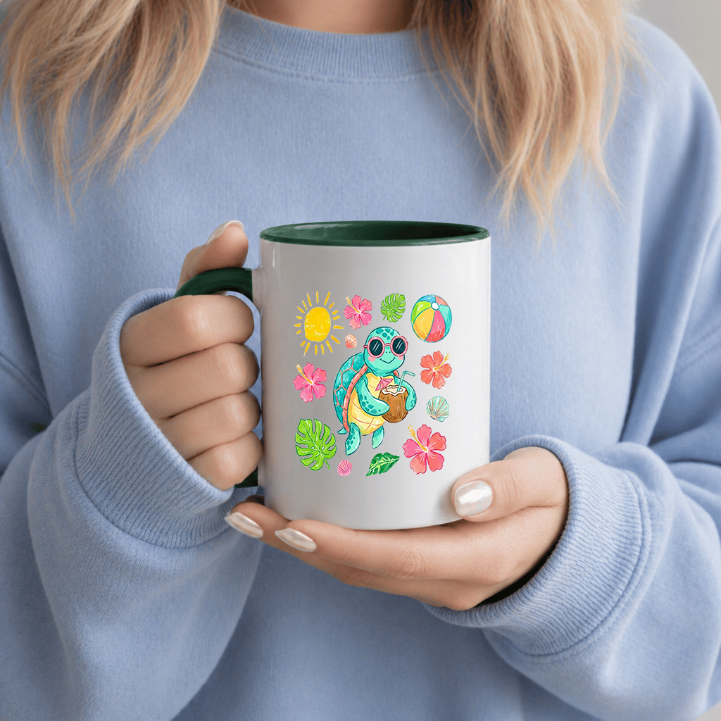 Cute Sea Turtle Accent Mug - Turtle Drinking Coconut Mug - Perfect Gift for Turtle Lovers on Summer Vacation - detail view