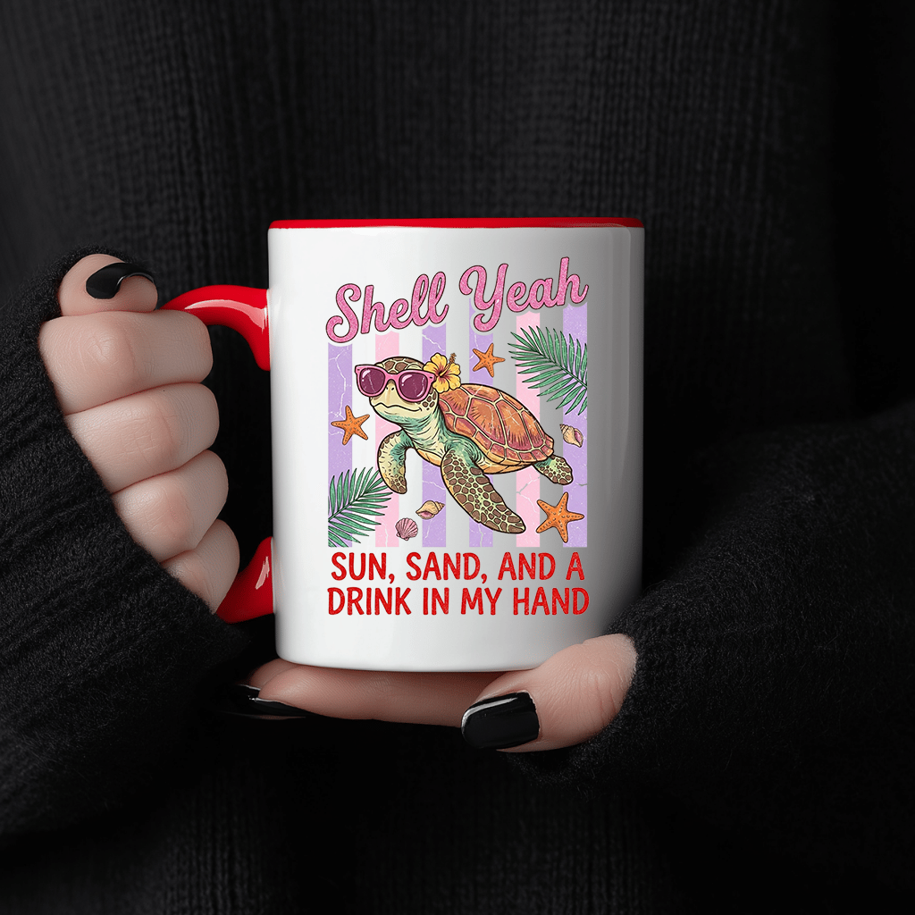 Vintage Shell Yeah Accent Mug - Cute Sea Turtle Mug - Funny Summer Vacation Gift for women, Turtle Lovers - detail view