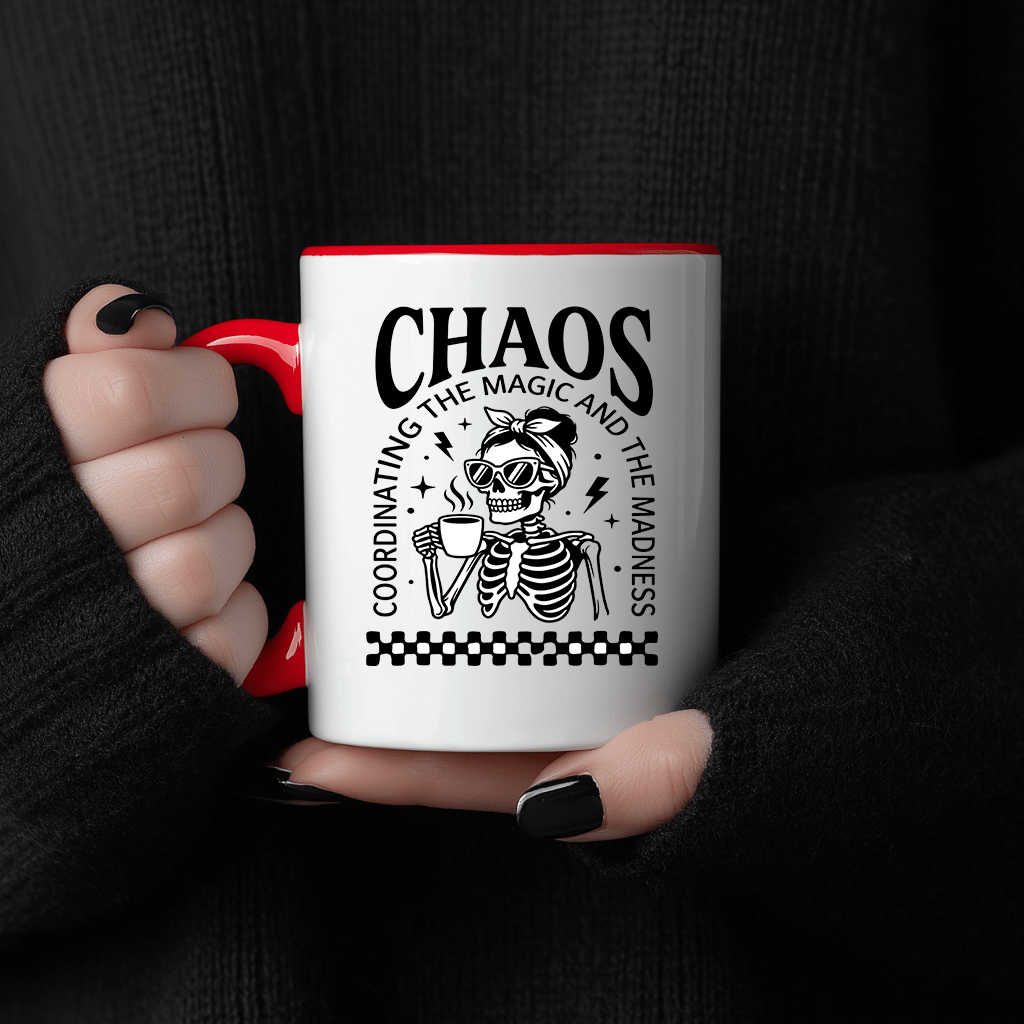 Chaos Coffee Mom Skeleton Accent Mug - Funny Mother's Day Gift for mama - detail view