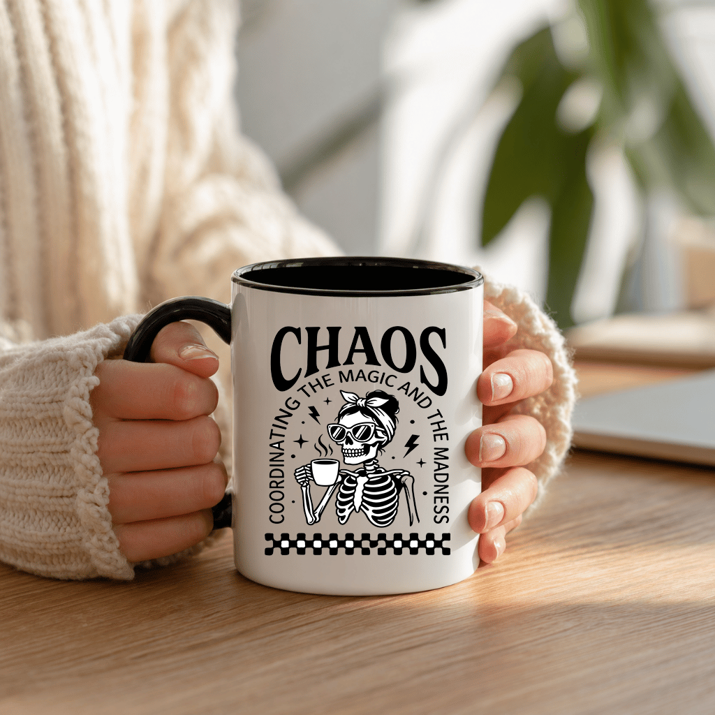 Chaos Coffee Mom Skeleton Accent Mug - Funny Mother's Day Gift for mama - back view