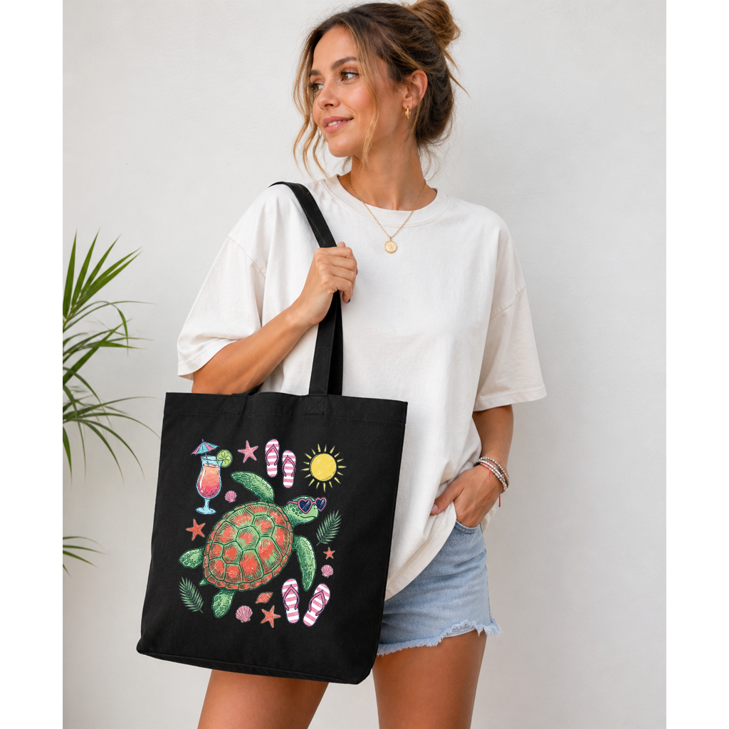 Turtle Beach Cotton tote bag - Cute Sea Turtle Summer Vacation Gift for women, Turtle Lovers - detail view