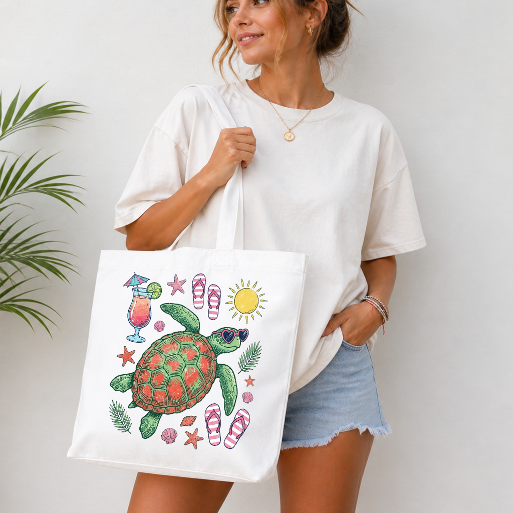 Turtle Beach Cotton tote bag - Cute Sea Turtle Summer Vacation Gift for women, Turtle Lovers - back view