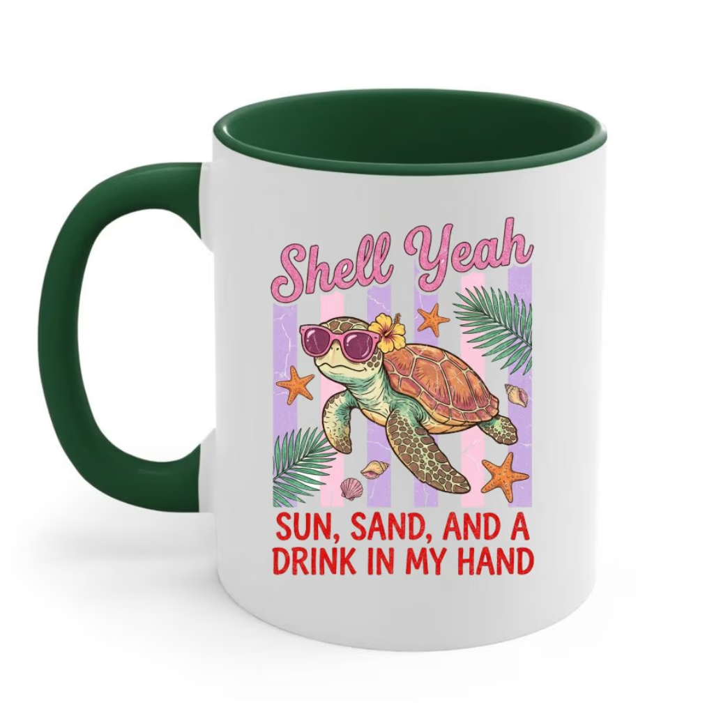 Vintage Shell Yeah Accent Mug - Cute Sea Turtle Mug - Funny Summer Vacation Gift for women, Turtle Lovers - back view