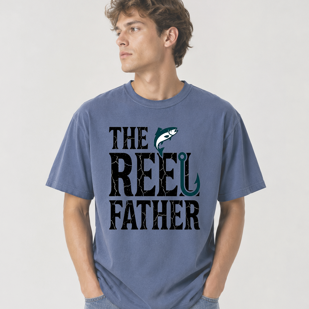 Comfort Colors Retro The Reel Father Shirt - Reel Fishing Dad Shirt - Perfect Gift for Dad who loves Fishing - detail view