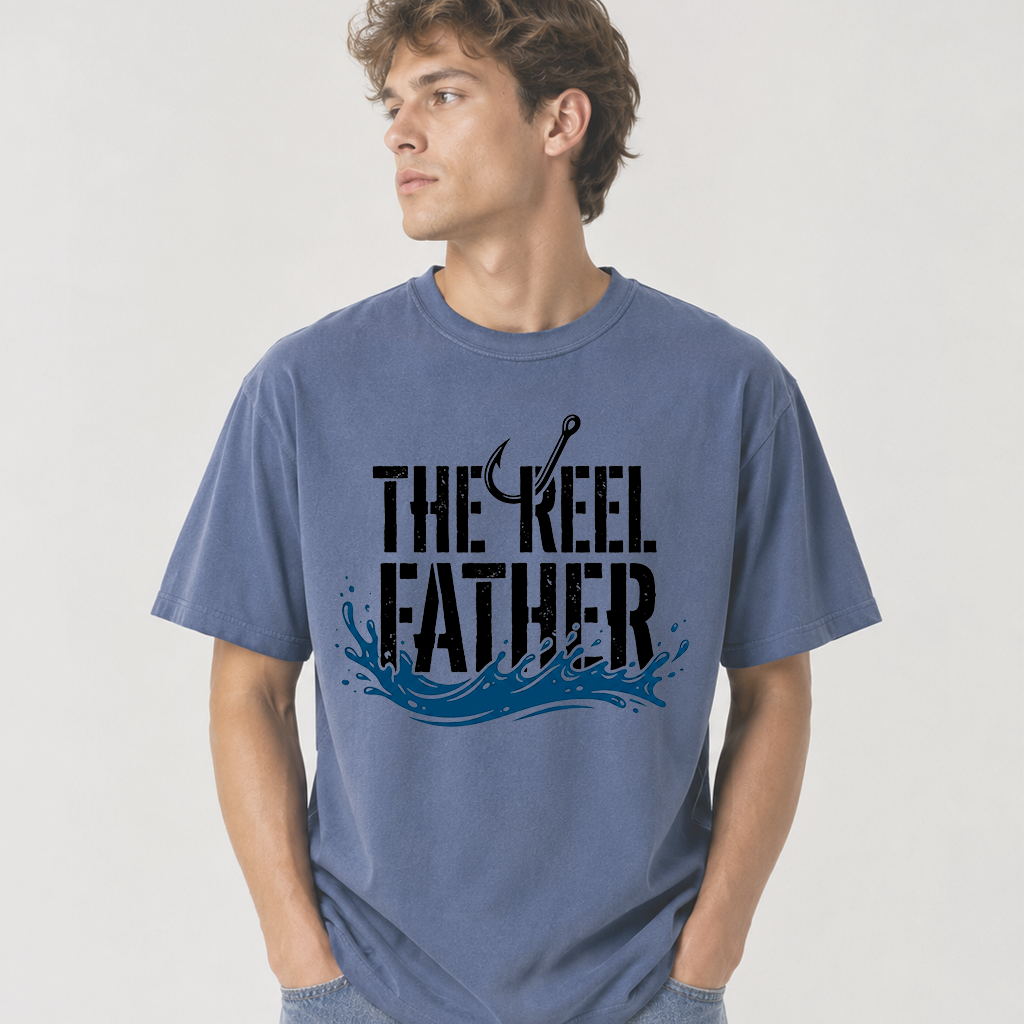 Comfort Colors Retro Reel Father Shirt - Fishing Dad Hooker Shirt - Funny Father's Day Gift for Fishing Lovers - detail view