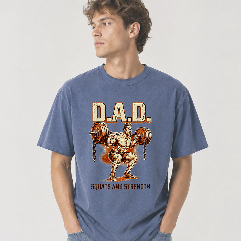 Comfort Colors Dad Squats And Strength Retro Dad Deadlift Shirt - Funny Powerlifting Gift for Father's Day - detail view