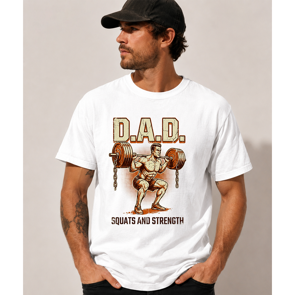 Comfort Colors Dad Squats And Strength Retro Dad Deadlift Shirt - Funny Powerlifting Gift for Father's Day - back view