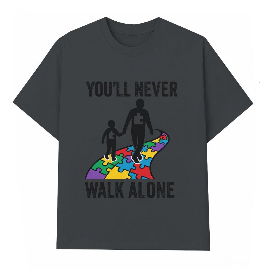 Autism Awareness Puzzle Piece T-shirt – 'You'll Never Walk Alone' Family Support Gift - front view