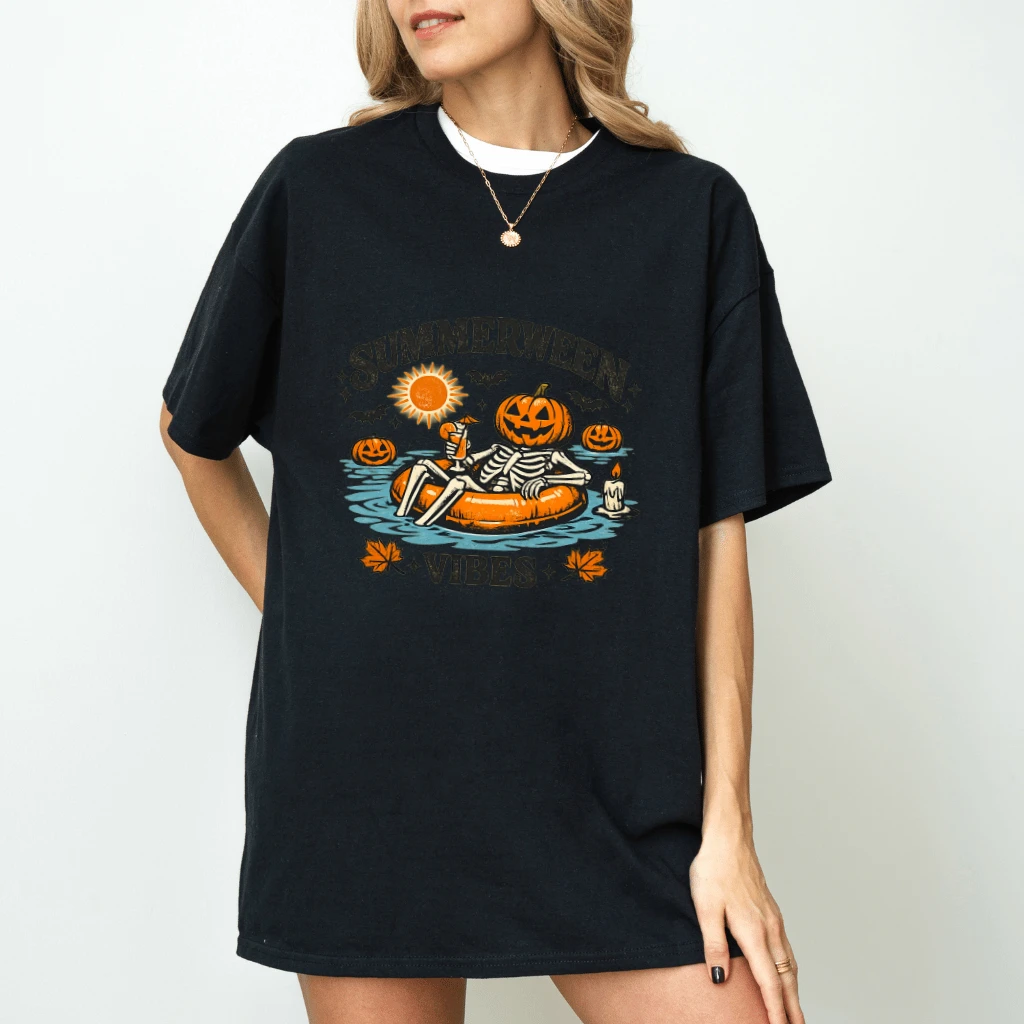 Summerween Vibes Retro Pumpkin Skeleton Floating in Pool Graphic T-shirt - back view