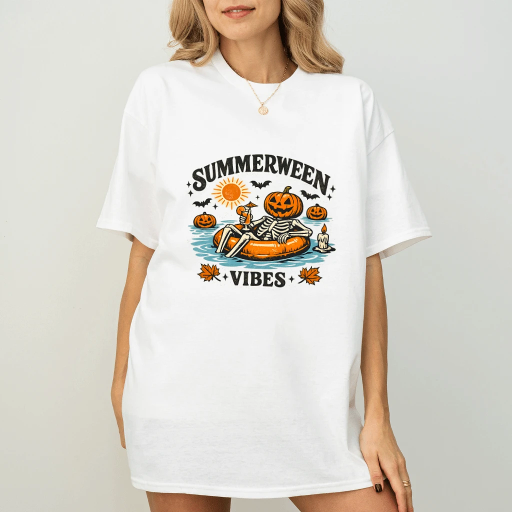 Summerween Vibes Retro Pumpkin Skeleton Floating in Pool Graphic T-shirt - detail view