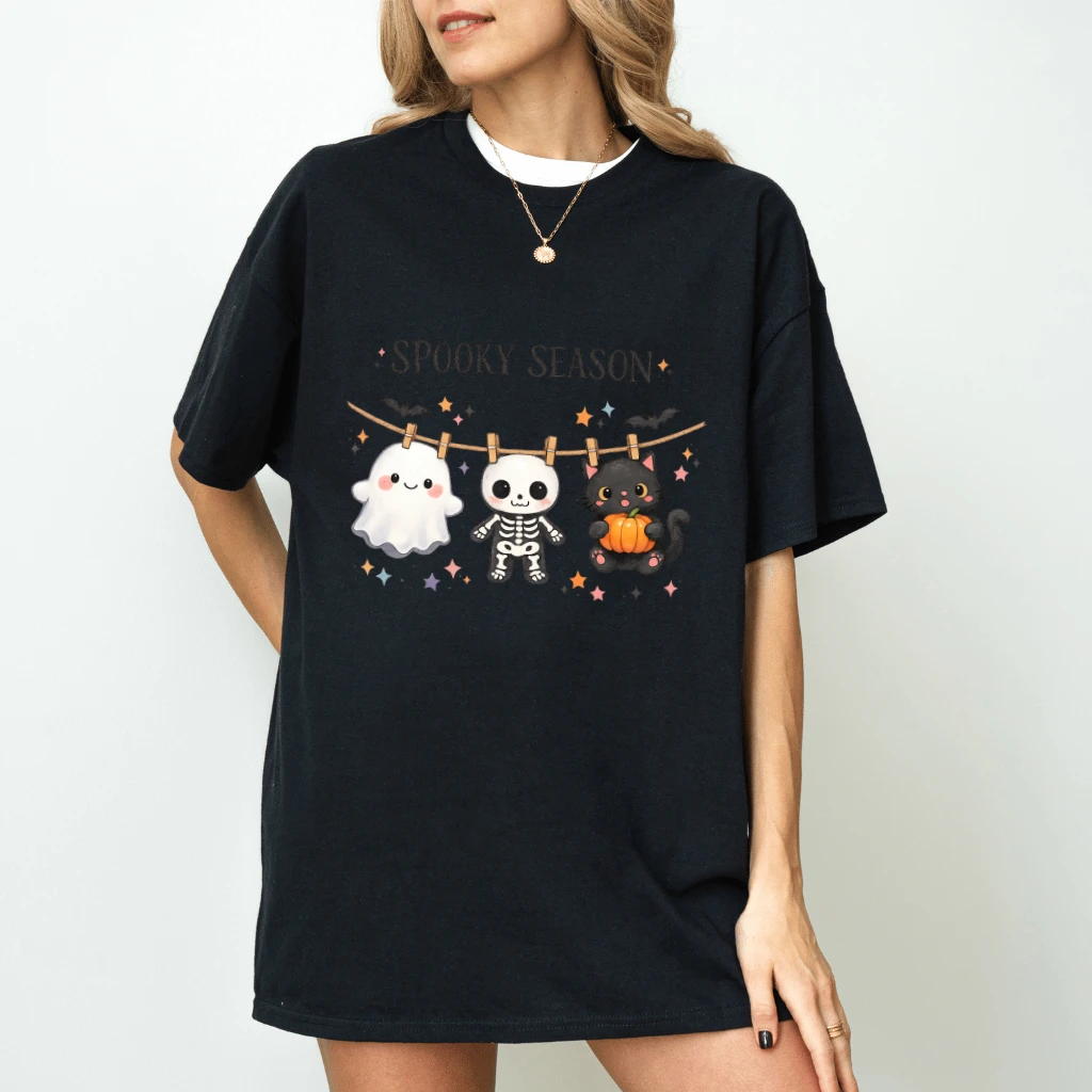 pastel halloween character lineup spooky season art print T-shirt - back view
