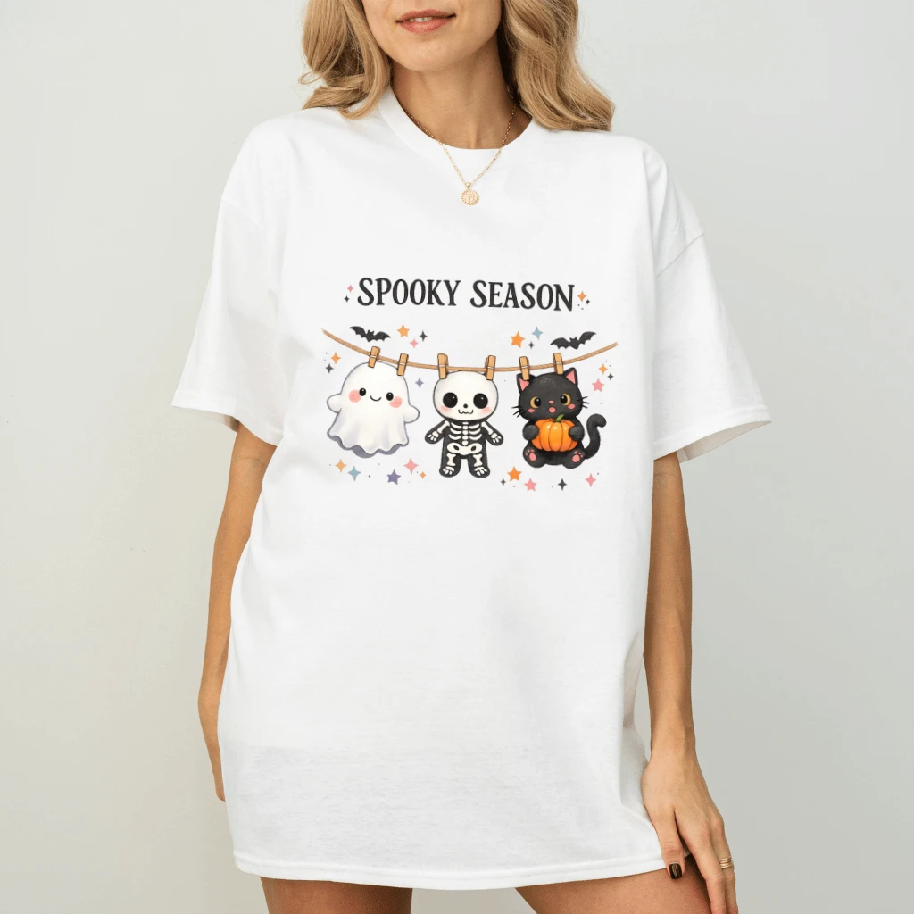 pastel halloween character lineup spooky season art print T-shirt - detail view