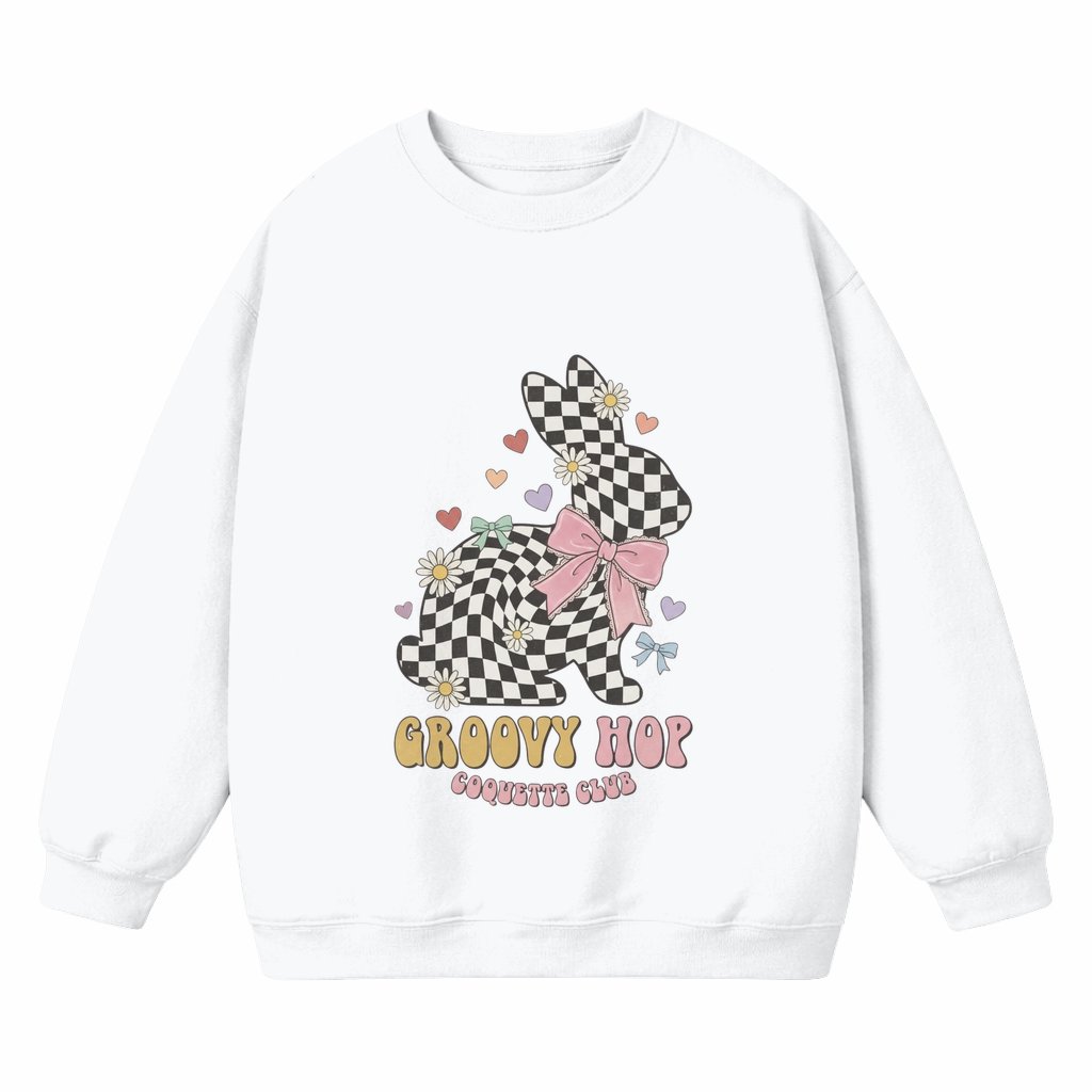 Groovy Hop Checkered Bunny Sweatshirt – Easter Gift Retro - front view