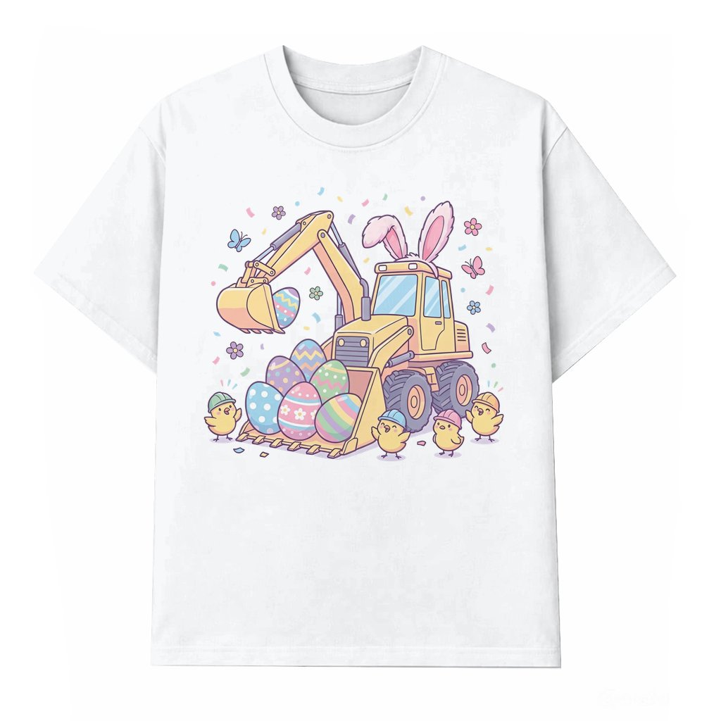 Excavator with Eggs T-shirt – Easter Gift for Kids Cute Construction Bunny - front view