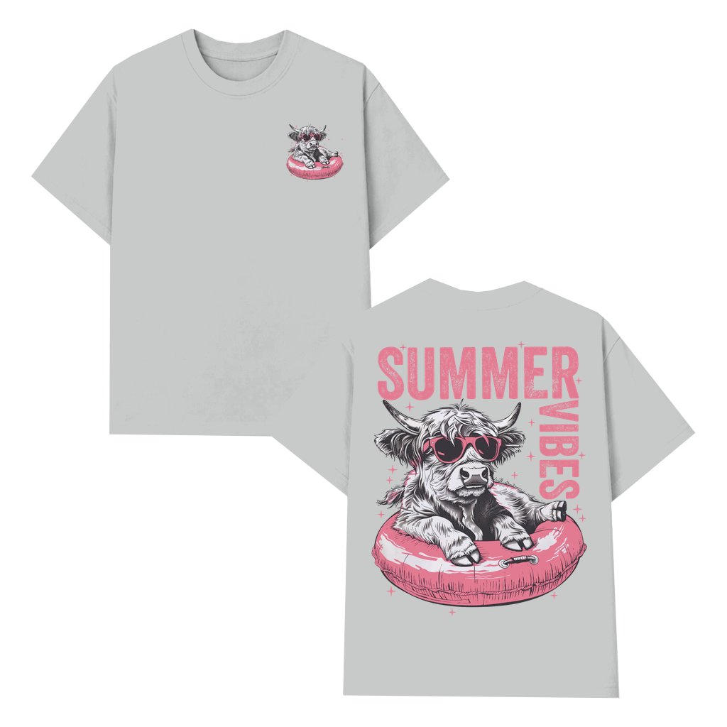 Highland Cow Pool Float T-shirt – Summer Gift for Country Girls Pink Sunglasses - front view