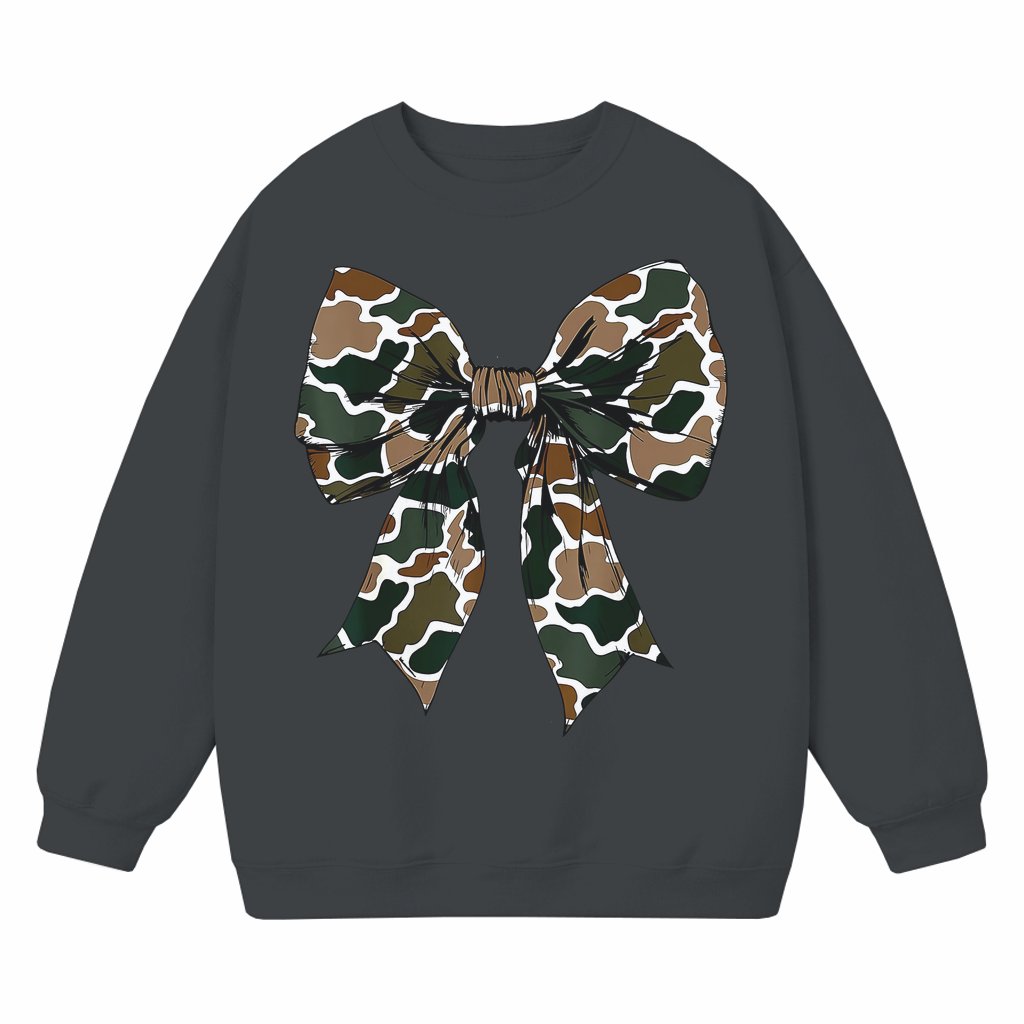 Cute Camo Coquette Bow Sweatshirt – Dove Season Gift for Girls - front view