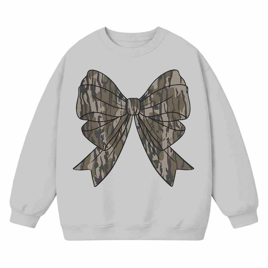 Cute Coquette Bow Camo Sweatshirt – Gift for Her Trendy Old School Style - front view