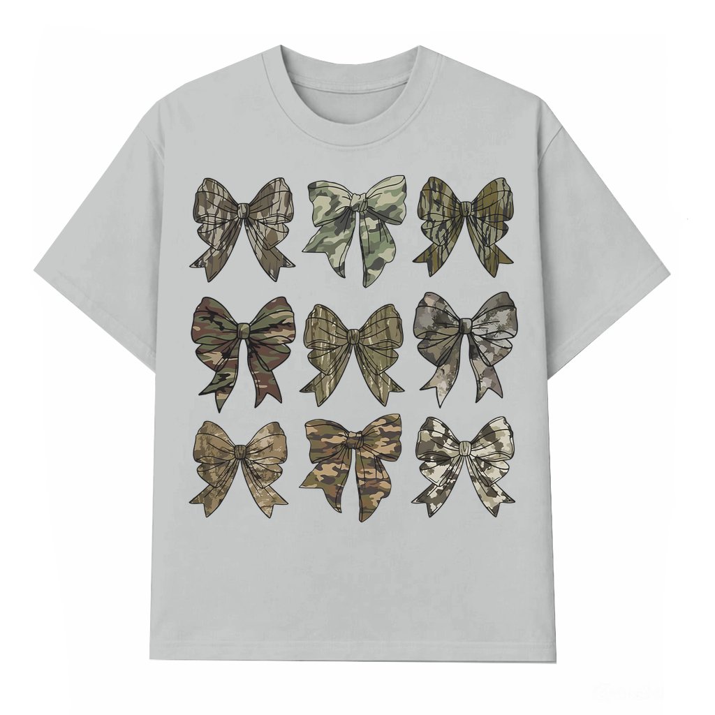 Coquette Camo Bow T-shirt – Gift for Women Retro Camo Girl Style - front view