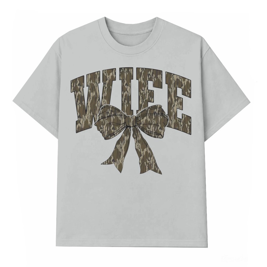 Wife Camo Lettering T-shirt – Birthday Gift for Wife with Bow Accent - front view