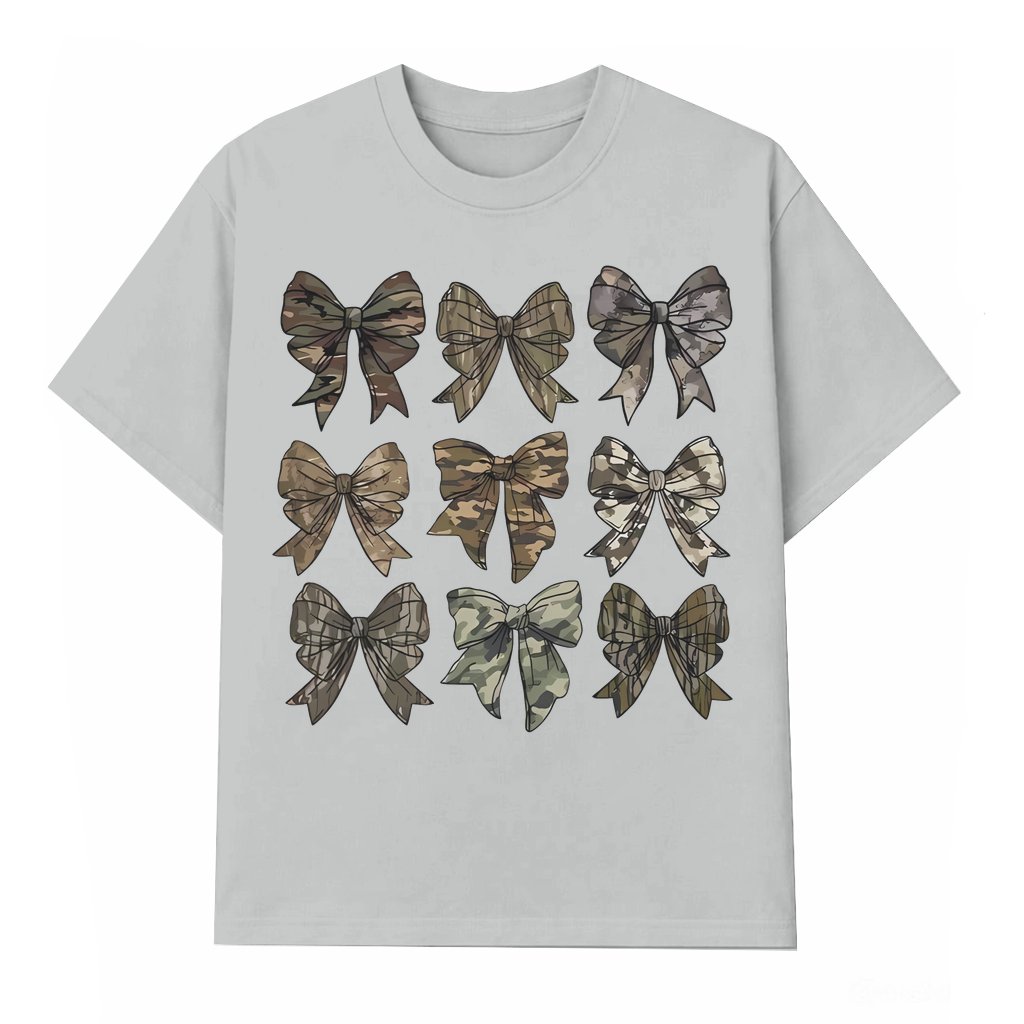 Camo Coquette Bow T-shirt – Gift for Girls Trendy Mama Clipart - front view