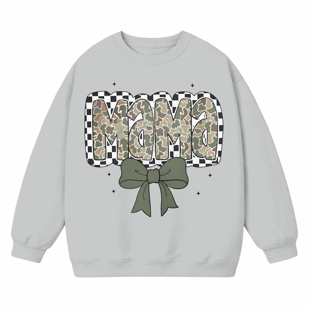 Checkered Camo Mama Sweatshirt – Gift for Mom Retro Coquette Bow - front view