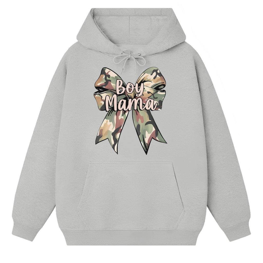 Boy Mama Camo Coquette Bow Hoodie – Mother's Day Gift for Mom of Boys - front view