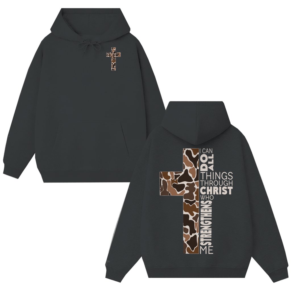 I Can Do All Things Through Christ Hoodie – Camo Cross Christian Faith Gift - front view