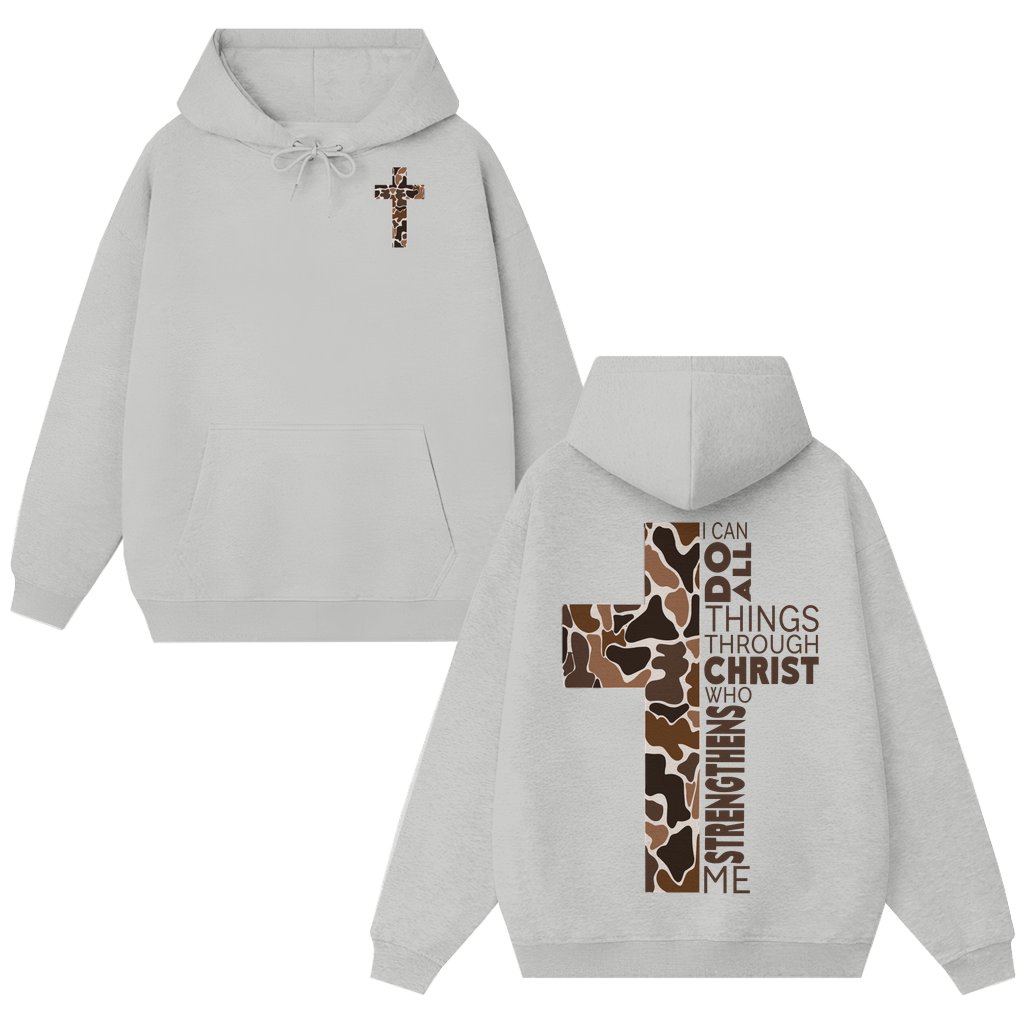 Faith Driven Strength Camo Cross Hoodie – Christian Gift for Men - front view