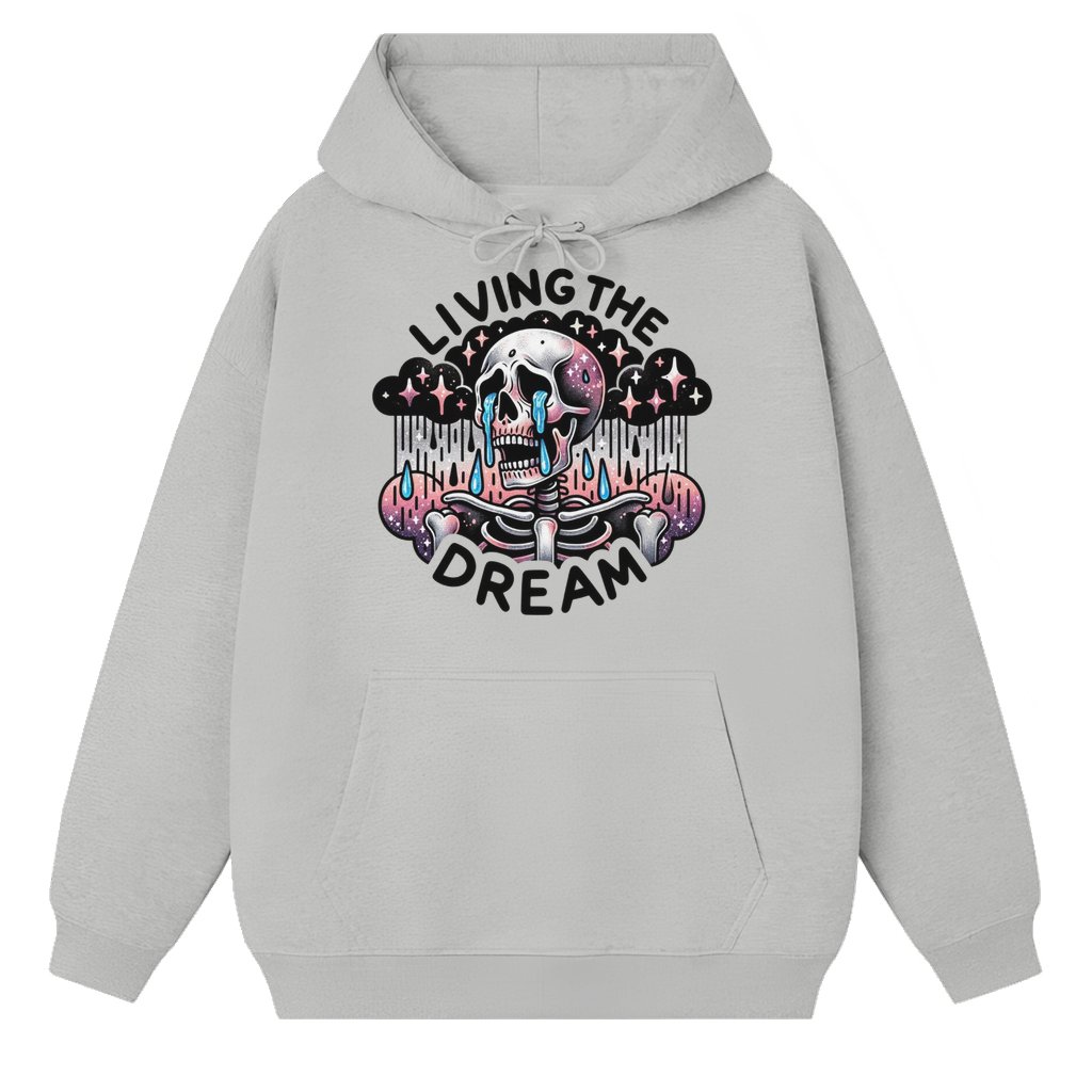 Living The Dream Snarky Skeleton Hoodie – Birthday Gift for Him Funny Vintage Boho Western - front view